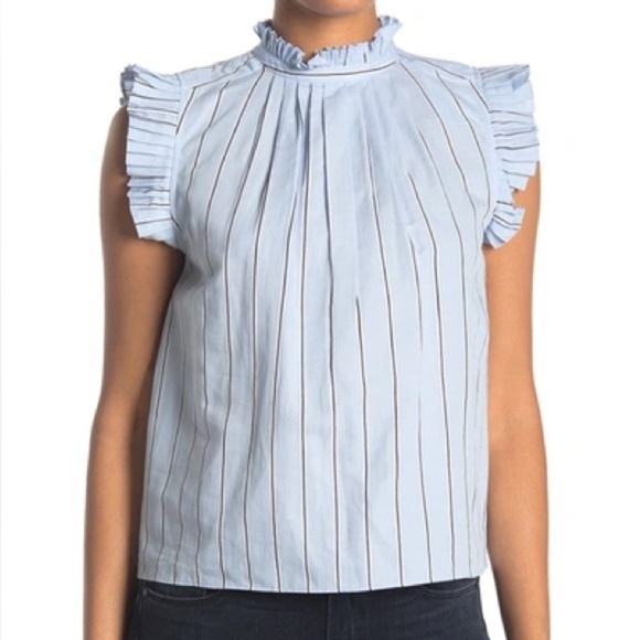 NWT FRAME Striped Mock Neck Sleeveless Ruffle Top In Ciel Multi - Size XL - Picture 1 of 8